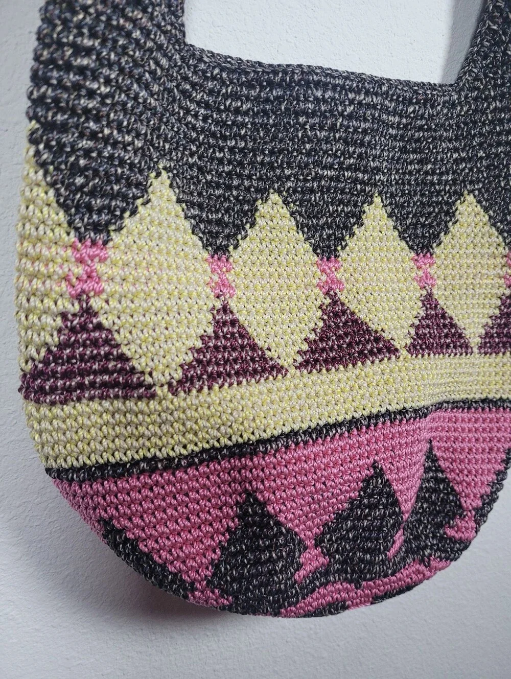 The Sak Hand Crochet Hobo Shoulder Bag Geometric Pink Yellow Black Bali Artisan